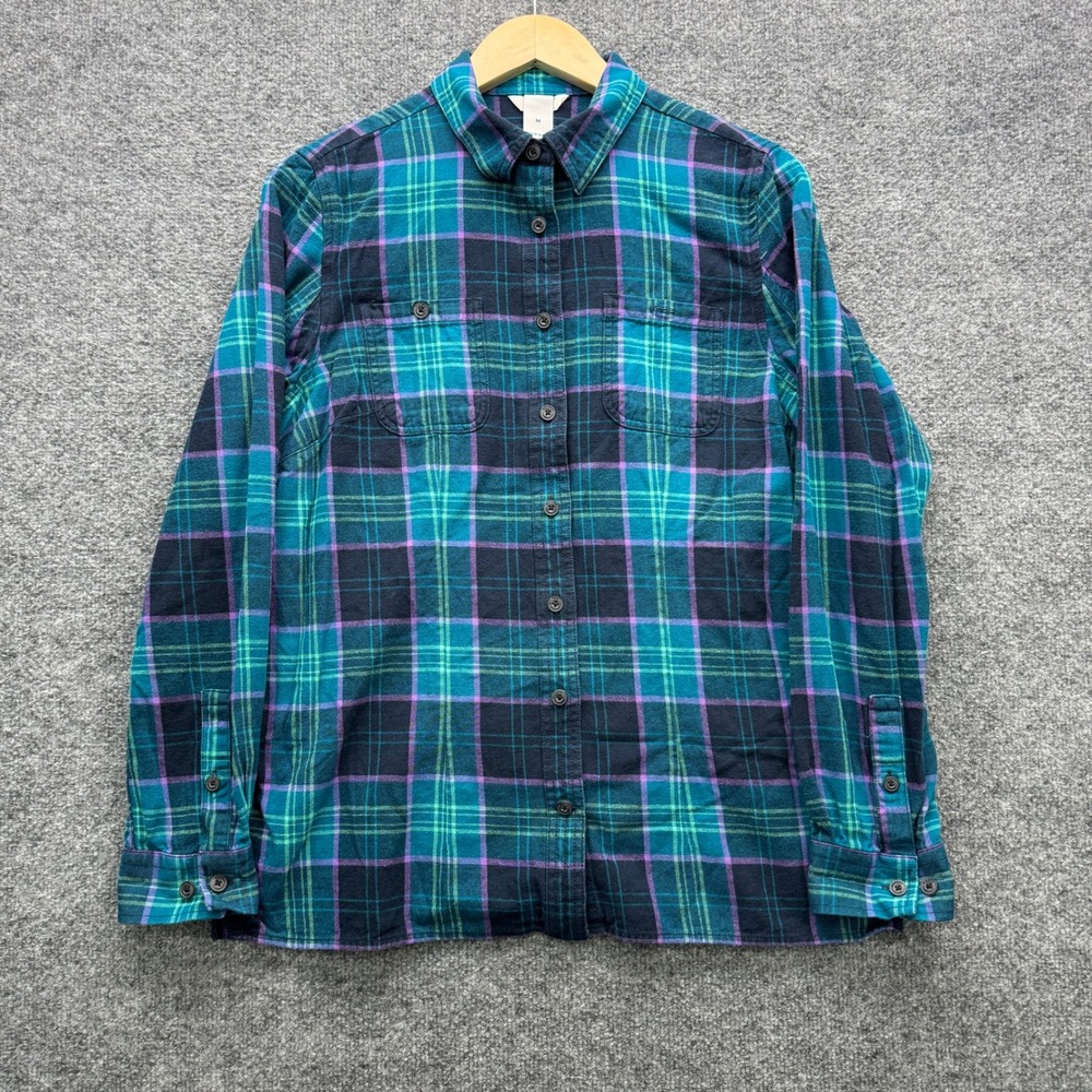 Duluth Trading Co Flannel Shirt Women's M Teal Purple Plaid Long Sleeve